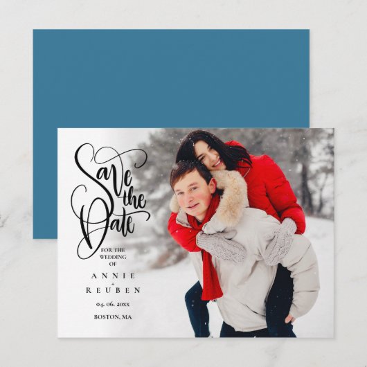 Save the Date Elegantes Script Foto Einfache Postk Postkarte (Vorne/Hinten)