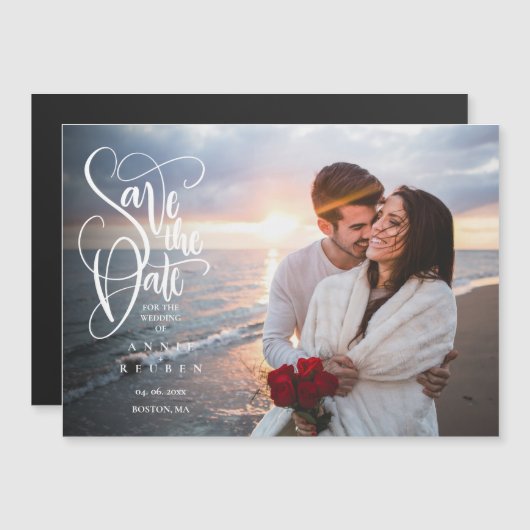 Save the Date Elegantes Script-Foto Magneteinladung (Vorne/Hinten)