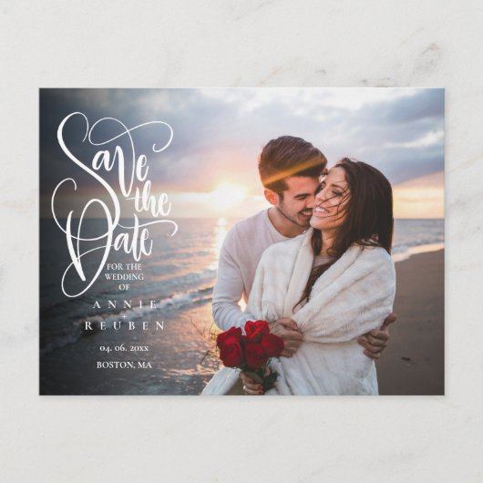Save the Date Elegantes Script Foto Postcard Postkarte (Vorderseite)
