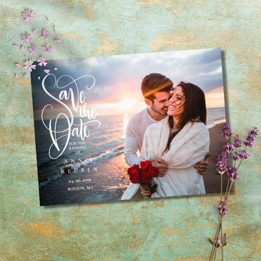 Save the Date Elegantes Script-Foto Postkarte