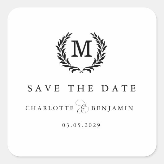 Save The Date! Elegantes Wappen Monogram White Quadratischer Aufkleber (Vorderseite)