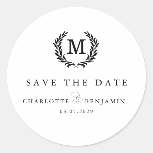 Save The Date! Elegantes Wappen Monogram White Runder Aufkleber (Vorderseite)