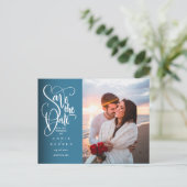 Save the Date Elegantes White Script Foto Postcard Postkarte (Stehend Vorderseite)