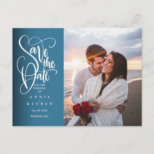 Save the Date Elegantes White Script Foto Postcard Postkarte (Vorderseite)