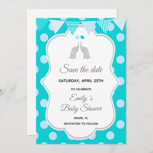 Save the Date Elephant Aquamarin Blue Polka Dots (Vorne/Hinten)