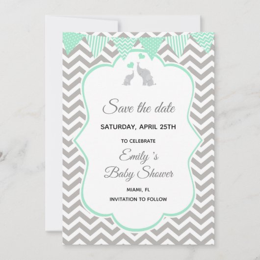 Save the Date Elephant Mint Green Silver (Vorderseite)