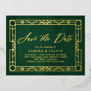 Save the Date Emerald Green Gold Dekorrahmen Folie Einladungspostkarte