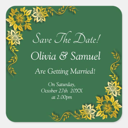 Save The Date - Emerald Green & Gold Quadratischer Aufkleber (Vorderseite)