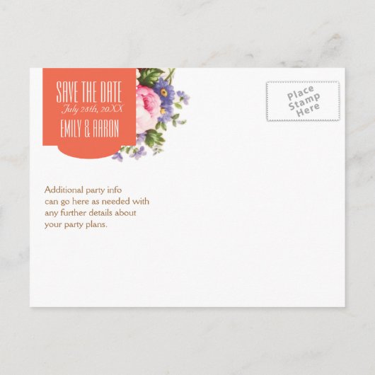 Save the Date Englisch Rose Garden Party Tee Ankündigungspostkarte (Rückseite)