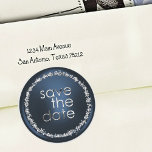 Save the Date Envelope Seal Navy Blue Silver Runder Aufkleber<br><div class="desc">Save the Date Envelope Seal Navy Blue with Silver Designed by Carrie Fink.  Printed and shipped by Zazzle or their partners.</div>