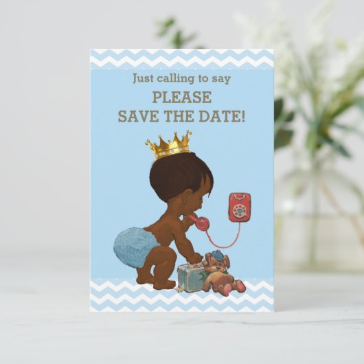 Save the Date Ethnic Prince on Phone Gray Blue (Stehend Vorderseite)