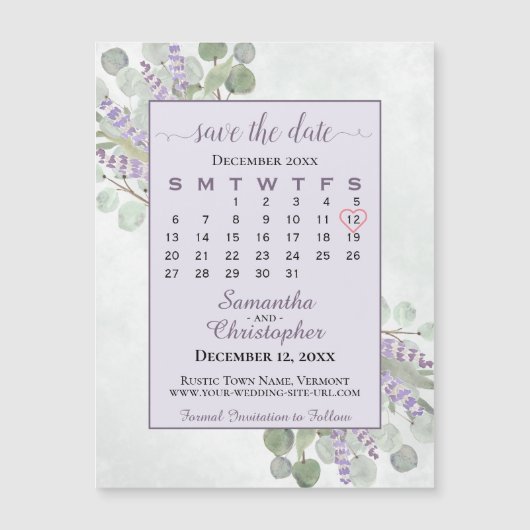 Save the Date Eucalyptus Lavender Calendar Magnet (Vorderseite)