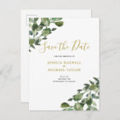 Save the Date Eucalyptus Watercolor Ankündigungspostkarte (Vorne/Hinten)