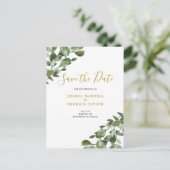 Save the Date Eucalyptus Watercolor Ankündigungspostkarte (Stehend Vorderseite)