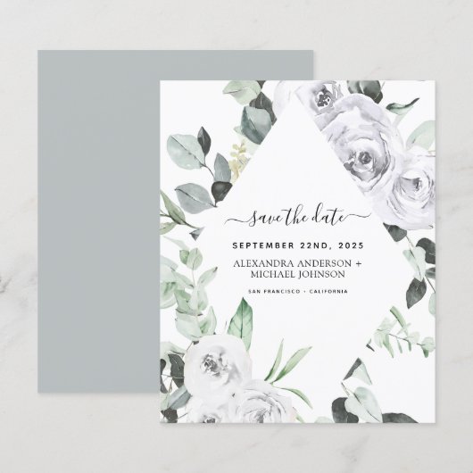Save the Date Eucalyptus White Floral (Vorne/Hinten)