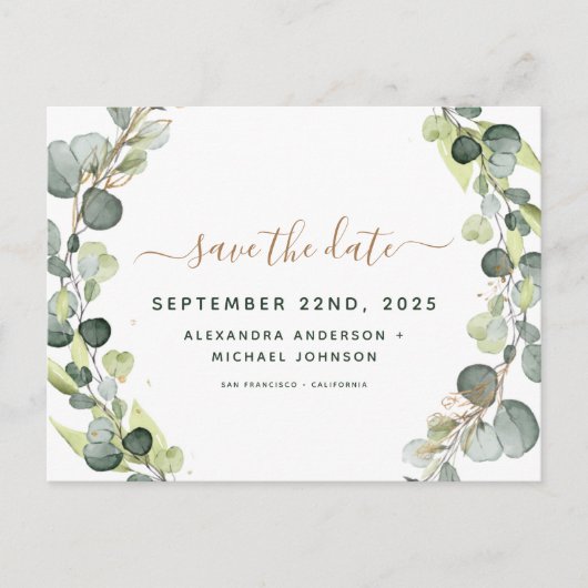 Save the Date Eukalyptus Greenery Succulent Ankündigungspostkarte (Vorderseite)