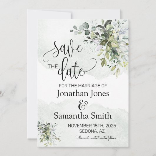 Save the Date Eukalyptus-Grünstaub Einladung (Vorderseite)