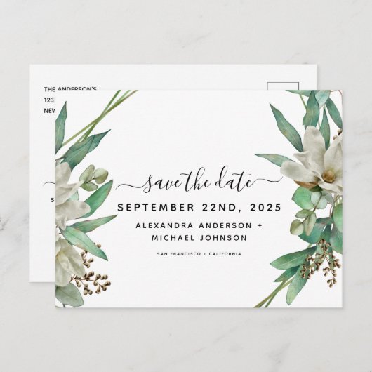 Save the Date Eukalyptus Magnolia Grüne Ankündigungspostkarte (Vorne/Hinten)