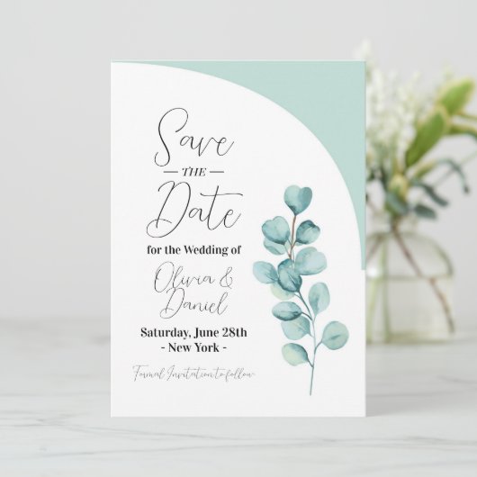 Save the Date Eukalyptus Wedding Blätter Spring (Stehend Vorderseite)