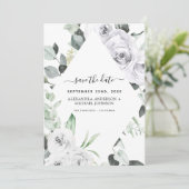 Save the Date Eukalyptus Weiße Rose Einladung (Stehend Vorderseite)