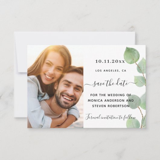 Save the Date Eukalyptusgrün Foto Hochzeit (Vorderseite)