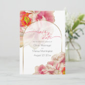 Save The Date | Exotic Coral Rose Peony Einladung (Stehend Vorderseite)