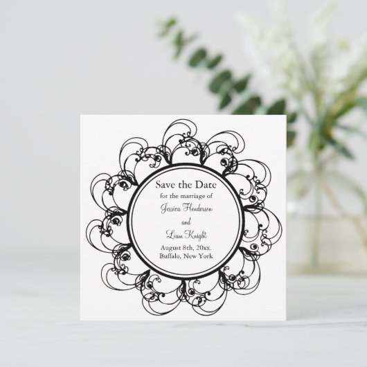 Save the Date extravagante Blüte (schwarz/weiß) (Stehend Vorderseite)