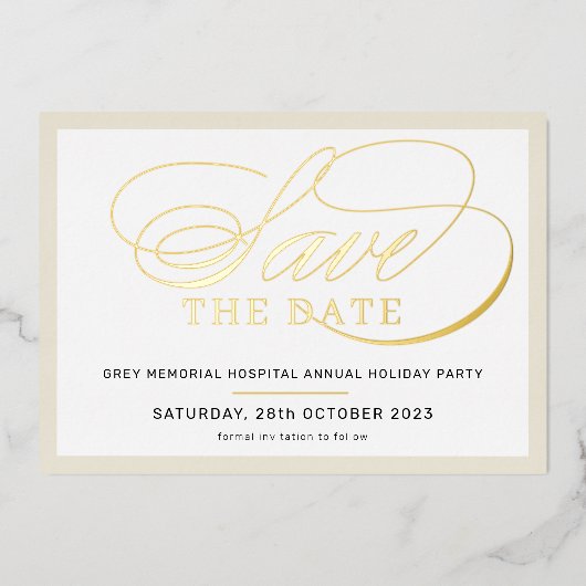 SAVE THE DATE extravagantes Elfenbeingold Folieneinladung (Vorderseite)