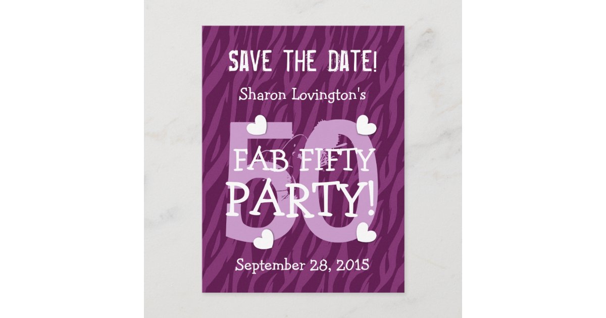 Save The Date Fab 50 Geburtstag V50a Lila Zebra Ankundigungspostkarte Zazzle De