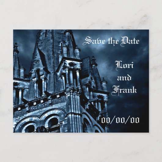Save the Date Fantasy Blue Burg Postkarte (Vorderseite)