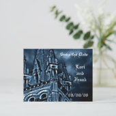 Save the Date Fantasy Blue Burg Postkarte (Stehend Vorderseite)