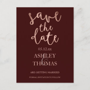 Save the Date Faux Roségold Schriftzug Burgund Ankündigungspostkarte