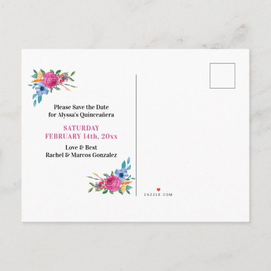 Save the Date Fiesta Blume Schwarz und Blau Ankündigungspostkarte (Rückseite)