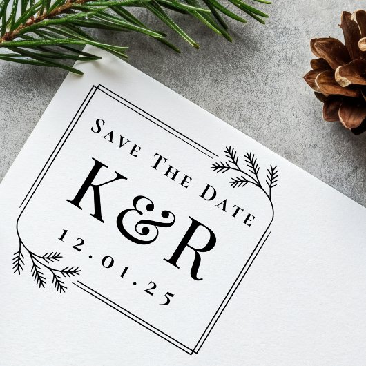 Save the Date Fir Frame Monogram Winter Wedding Permastempel