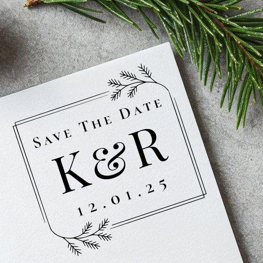 Save the Date Fir Frame Winter Wedding Monogram Gummistempel
