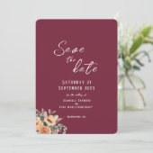 Save the Date flache Karte - Elegante Blumenburgun (Stehend Vorderseite)