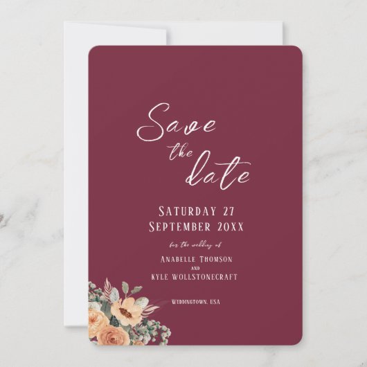 Save the Date flache Karte - Elegante Blumenburgun (Vorderseite)