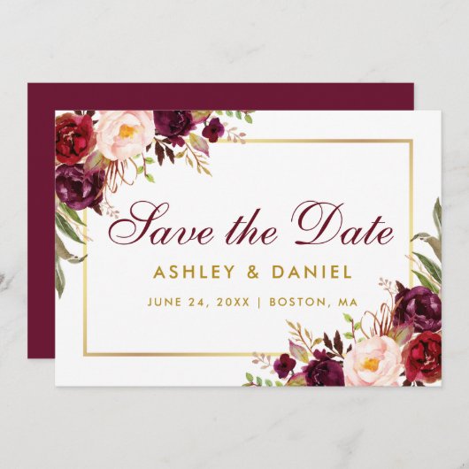 Save the Date Floral Burgundy Gold BB (Vorne/Hinten)