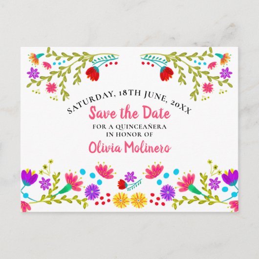 Save the Date floral mexikanische Fiesta White Ankündigungspostkarte (Vorderseite)
