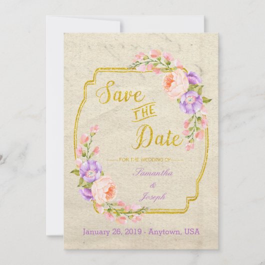 Save the Date Floral und Gold auf Parchment STD (Vorderseite)