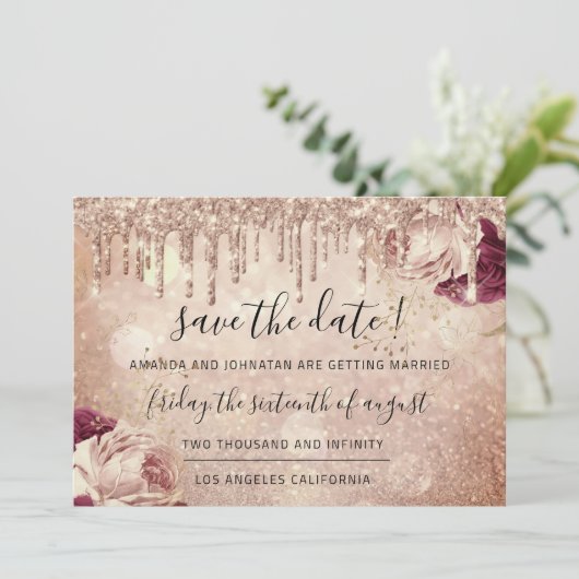 Save the Date Florals Rose Glitzer Tropfens Marsal (Stehend Vorderseite)