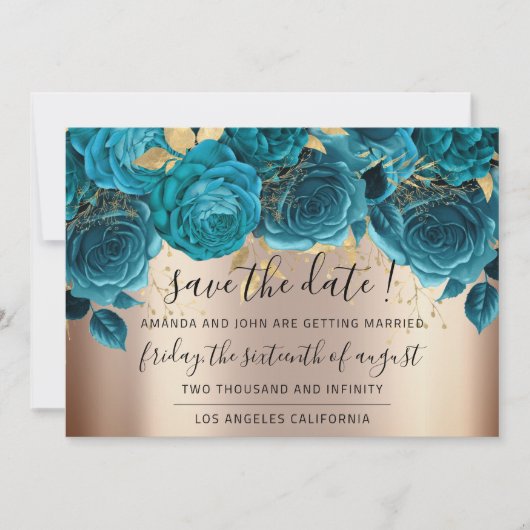 Save the Date Florals Rose Gold Blue Aquamarin (Vorderseite)