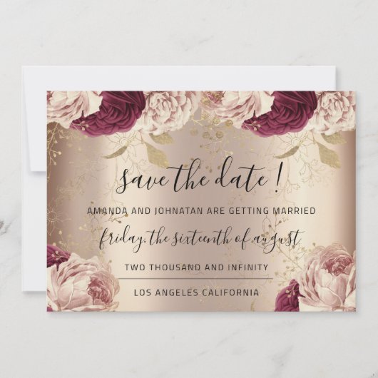 Save the Date Florals Rose Gold Rose Marsala (Vorderseite)