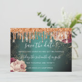Save the Date Florals Rose Gold Tropfen Aquamarin (Stehend Vorderseite)