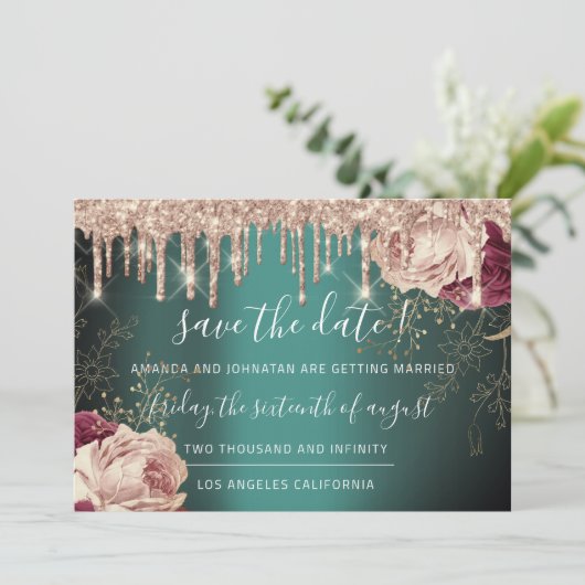 Save the Date Florals Rose Gold Tropfen Aquamarin (Stehend Vorderseite)