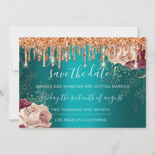 Save the Date Florals Rose Gold Tropfen Aquamarin (Vorderseite)