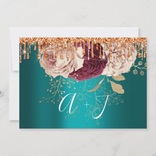 Save the Date Florals Rose Gold Tropfen Aquamarin (Rückseite)