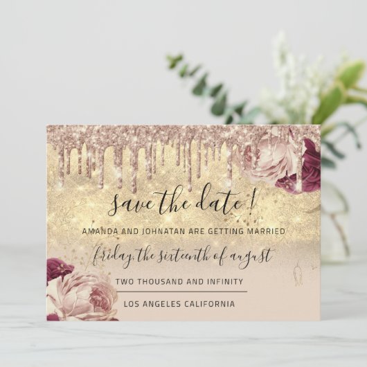 Save the Date Florals Rose Gold Tropfen Elfenbeink (Stehend Vorderseite)