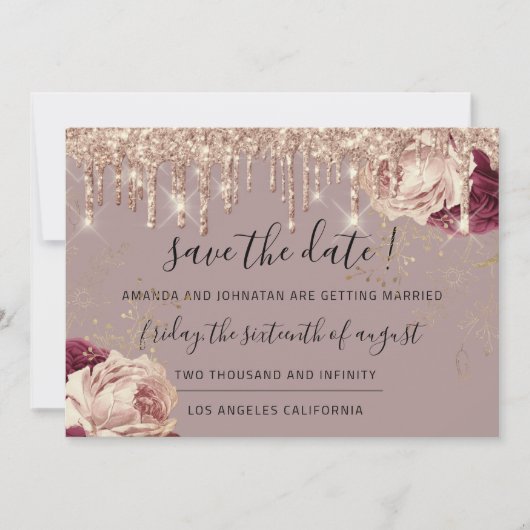Save the Date Florals Rose Gold Tropfen Marsala (Vorderseite)