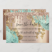 Save the Date Florals Rose Gold Tropfens Blue (Vorne/Hinten)